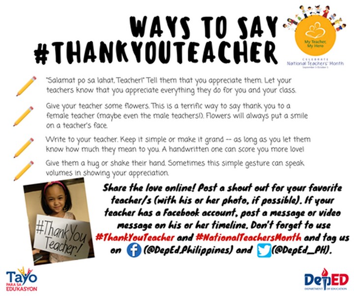 DepEd has some suggestions on how to show some love to teachers. You can also add a badge to your Facebook profile photo! Click the link to see how: http://bit.ly/2ci1FNg