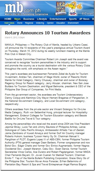 Rotary Announces Ten 10 Tourism Awardees