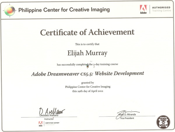 My PCCI Dreamweaver Training Certificate!