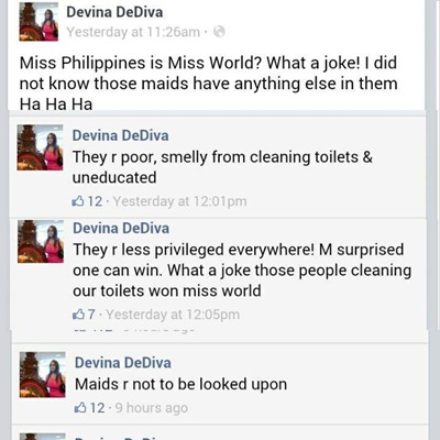 Devina DeDiva Racist Comments about Miss World Calls Miss Philippines a Poor Smelly Maid 4