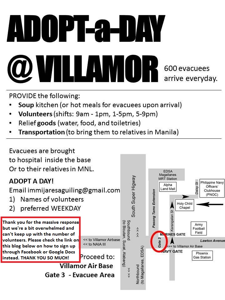 ADOPT A DAY Need Volunteers at Villamor Airbase to Greet and Help Victims Arriving from Visayas