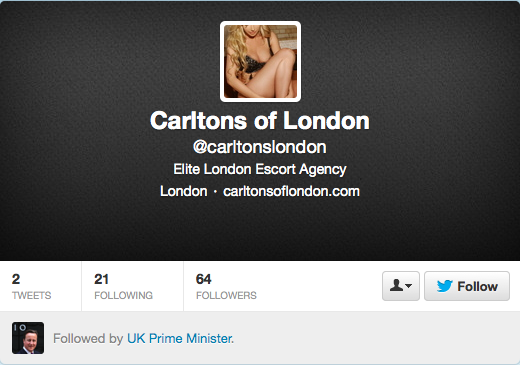 British Prime Minister David Cameron follows a high-class escort agency on Twitter?