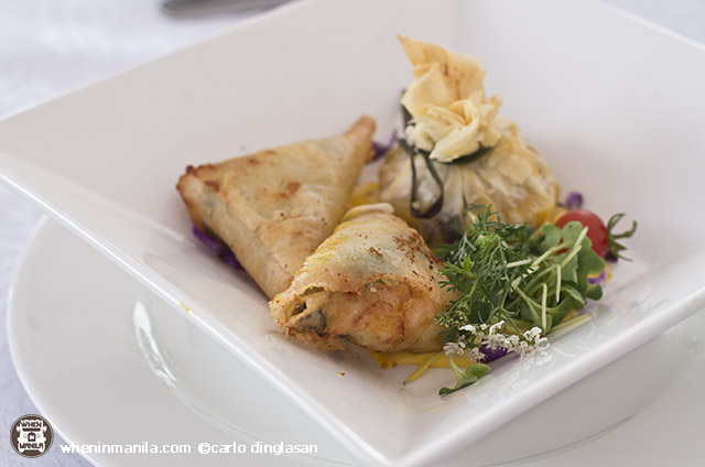 Second Course by Chef Babes Austria: Crunchy Cheese Triangle - A rice paper filled with fresh water wild fern, prawn, water buffalo cheese served with a creamy salted egg dip. Ensaladang Tagalog - shredded fresh green mango, smoked fish, salted water buffalo cheese encased in filo dough.