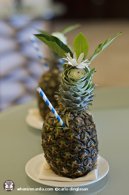A complementary pineapple juice served inside a pineapple is always a good thing.