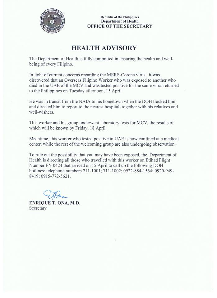 Message from the Department of Health about the MERS Corna Virus found on OFW