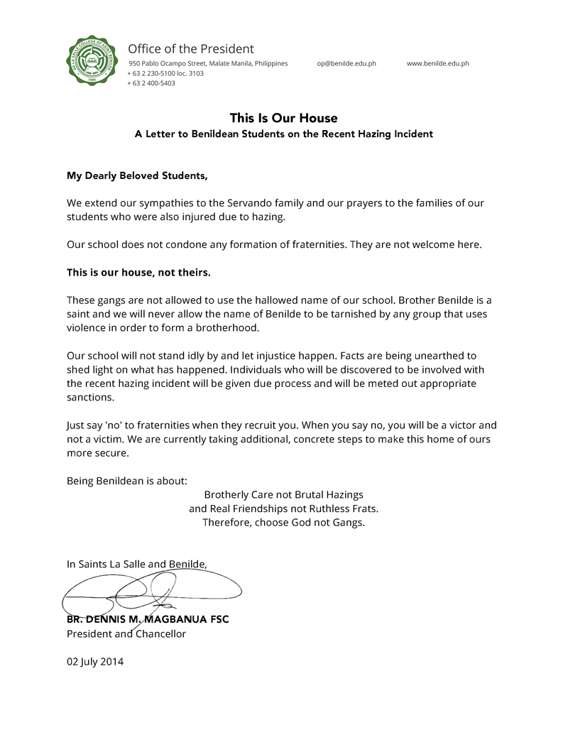 Benilde Says NO TO FRATERNITIES: This Is Our House 2 benilde statement