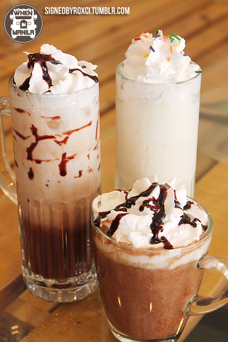 Clockwise: Iced Dark Choco Hazelnut (P115), Vanilla Caramel Milkshake (P130), and Hot Mocha (P100).