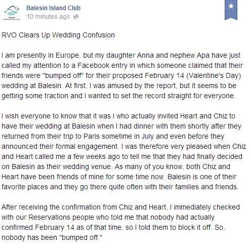 Balesin Island Club Releases Official Statement on Wedding Incident