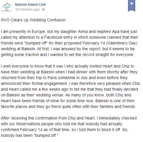 Update on Balesin Celebrity-Politician Wedding 4 Balesin Island Club Releases Official Statement on Wedding Incident