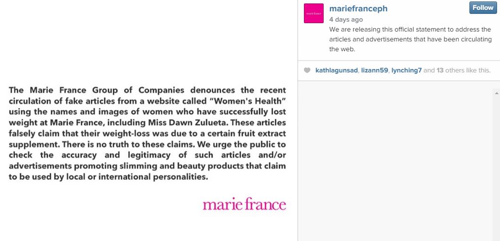 Marie France Releases Statement on Fake Women's Health Website