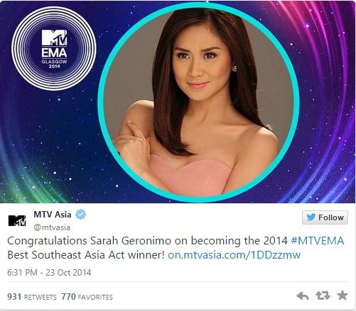 Sarah Geronimo Wins Best Southeast Asia Act at MTV