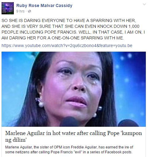 Mystica Accepts Marlene Aguilar's Sparring Challenge to Defend Pope Francis