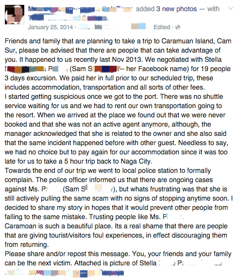 Caramoan scammer FB post