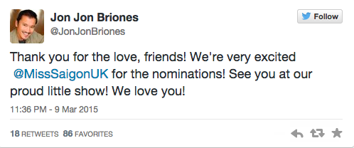 Jon Jon Briones tweet Laurence Olivier nomination