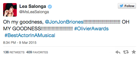 Lea Salonga tweet Jon Jon Briones nomination Olivier