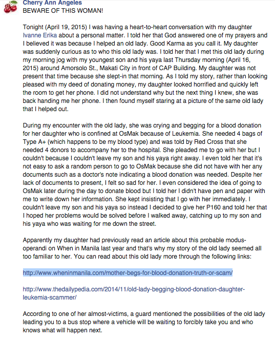 blood donation lady scam Facebook strikes again