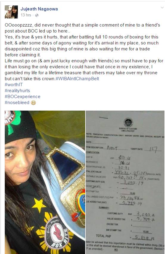 Customs Charge P6K for a Championship Belt; Customs Responds