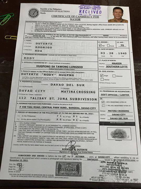 Rodrigo Duterte COC 1
