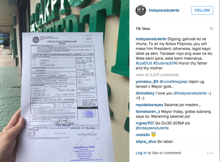 Sara Duterte files COC mayor