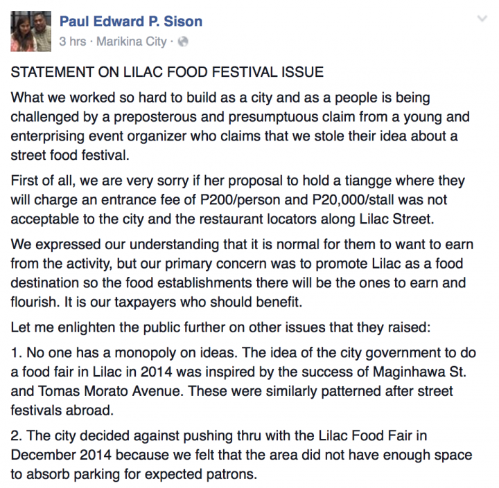 Statement on Lilac Food Festival