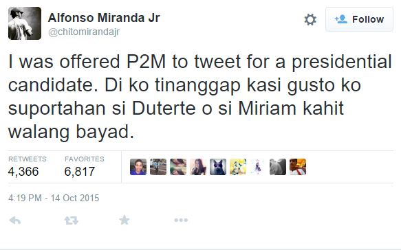 TWEET Chito Miranda Offered P2 Million to Endorse Presidential Bet