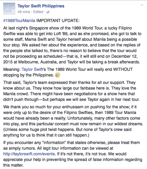 Taylor Swift 1989 Manila tour not happening