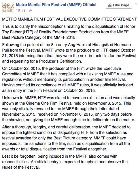 MMFF disqualification Honor Thy Father statement