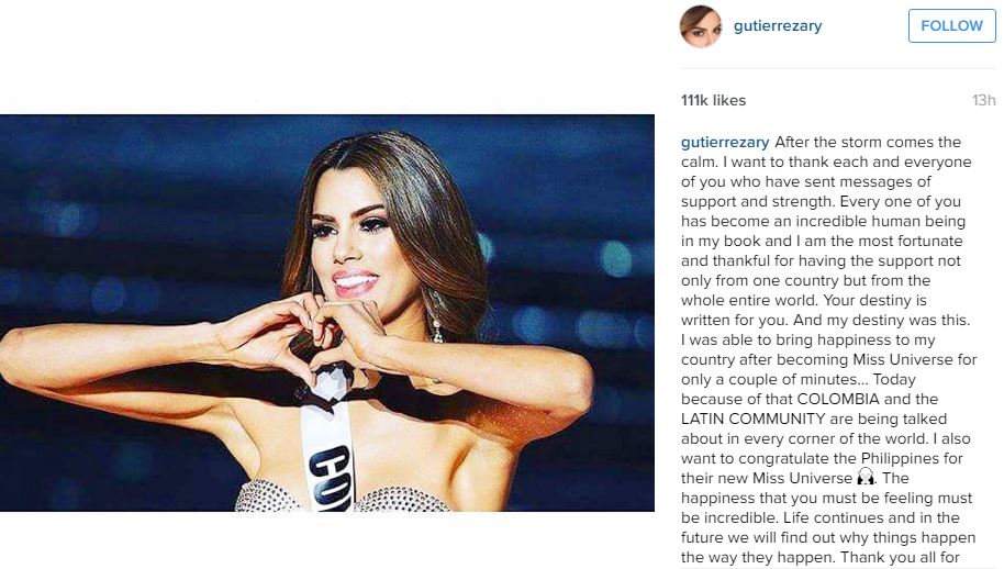 Miss Colombia Speaks Up on Miss Universe Controversy, Congratulates Pia Wurtzbach