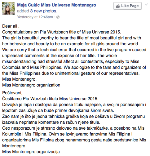 Miss Montenegro apologizes