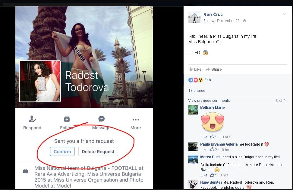 Pambansang Bestie Miss Bulgaria Adds Filipino Meme-Maker on Facebook