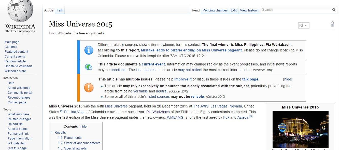 Wikipedia Asks People to Stop Changing the Miss Universe Winner to Miss Colombia