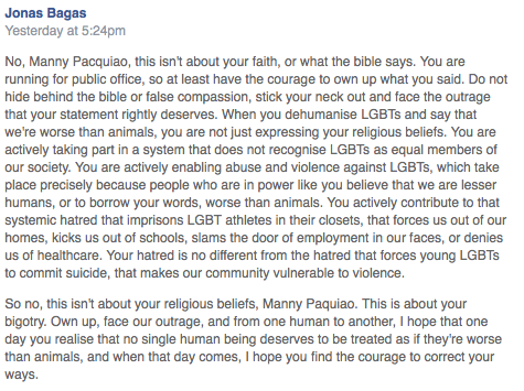 Pacquiao 'Contributes' to LGBT Violence by 'Dehumanizing' Them -Netizen 2 mannyantilgbt