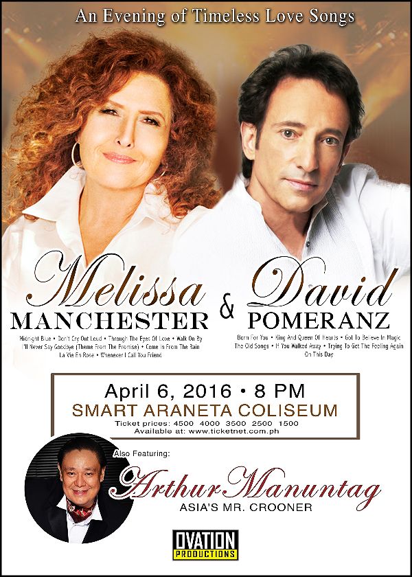 Melissa Manchester Back-to-Back with David Pomeranz on April 6 Araneta Coliseum Ovation Productions