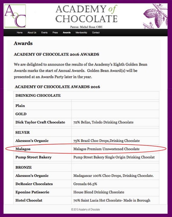 The announcement of this year's winners on the website of the Academy of Chocolate (https://www.academyofchocolate.org.uk/awards/)