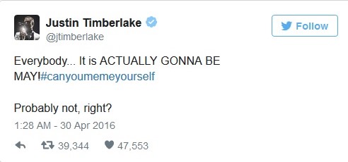 LOOK: Justin Timberlake Hopped in on the "It's gonna be May" Meme Tradition!