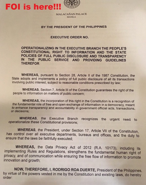 A copy of the FOI EO signed by President Duterte