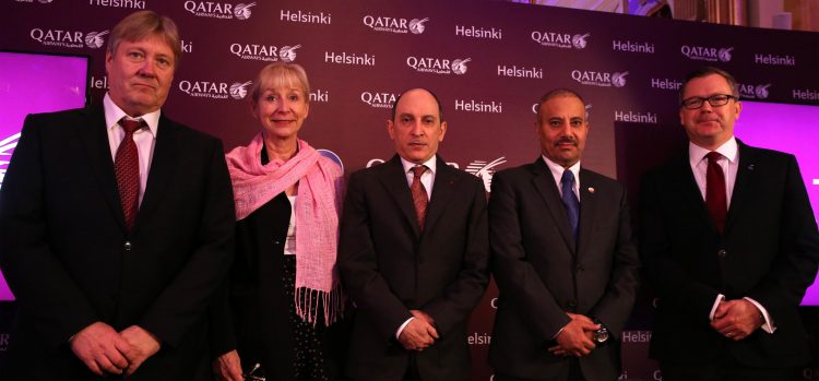 VIP guests at the press conference in Helsinki included Finland’s Ambassador to Qatar, Her Excellency, Mrs. Riitta Swan (second from left) and Qatar’s Ambassador to Finland, His Excellency Mr. Saoud Abdulla Z. Al-Mahmoud (second from right) who were welcomed by Qatar Airways Group Chief Executive, His Excellency Mr. Akbar Al Baker (centre), Mr. Jonathan Harding, Qatar Airways’ Senior Vice President, Europe (right) and Finavia President and Chief Executive Officer, Mr Kari Savolainen (left).