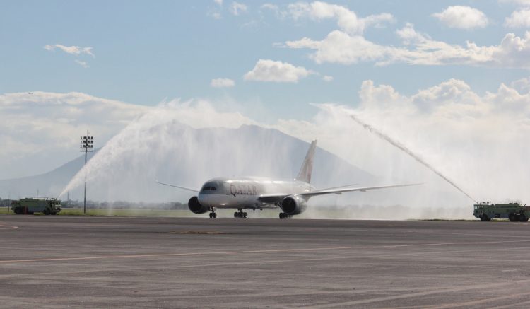 QR 930 was greeted with a traditional water salute upon arrival