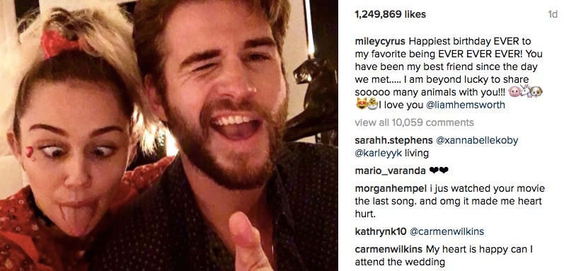 LOOK Miley Cyrus Posts Birthday Message for Liam Hemsworth and Its Super Sweet