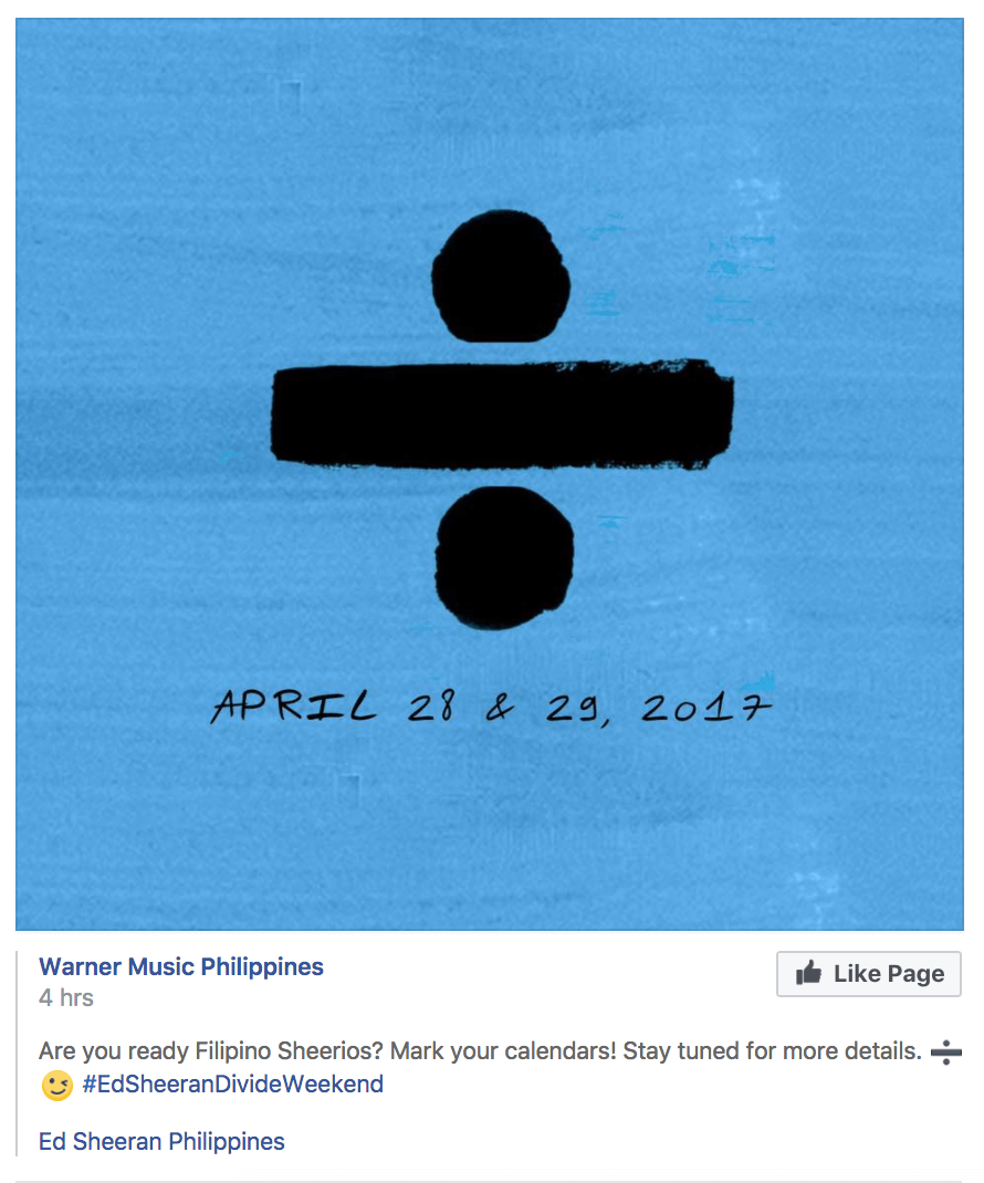 Announcement from Warner Music Philippines gets Ed Sheeran fans excited! 1 Ed Sheeran post