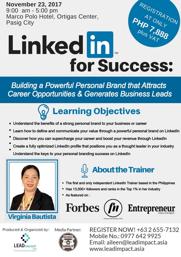 LEADimpact Asia Inc. holds Workshop to Help Professionals use LinkedIn for Success 1 LinkedIn for Success Event Poster Updated