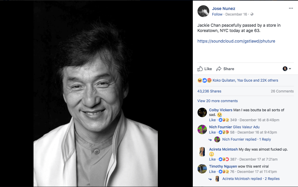 Jackie Chan hoax post