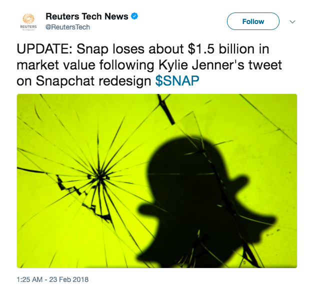 ENTERTAINMENT: Kylie Jenner tweets this and Snapchat loses $1.5 billion in value 4 snapchat reuters