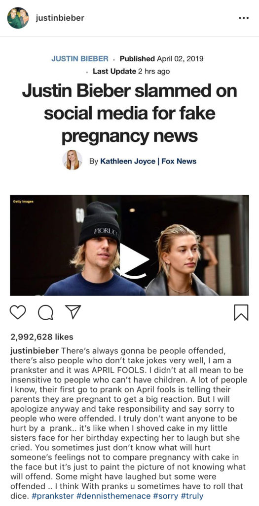 Justin Bieber apologizes for april fools joke