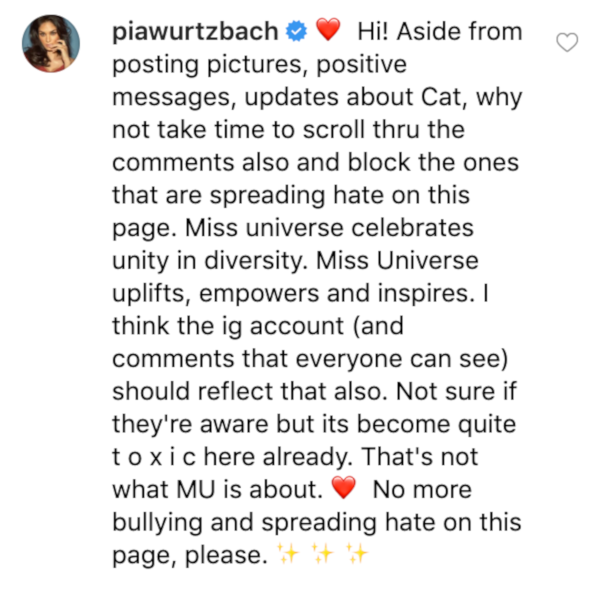 Pia Wurtzbach comment Miss Universe Instagram online bullying