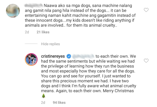 Cristine Reyes dog sledding comment