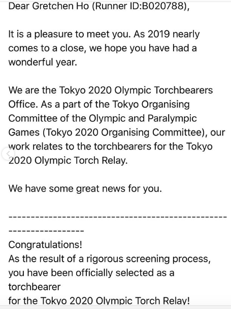 gretche ho torchbearer tokyo 2020 olympics 1