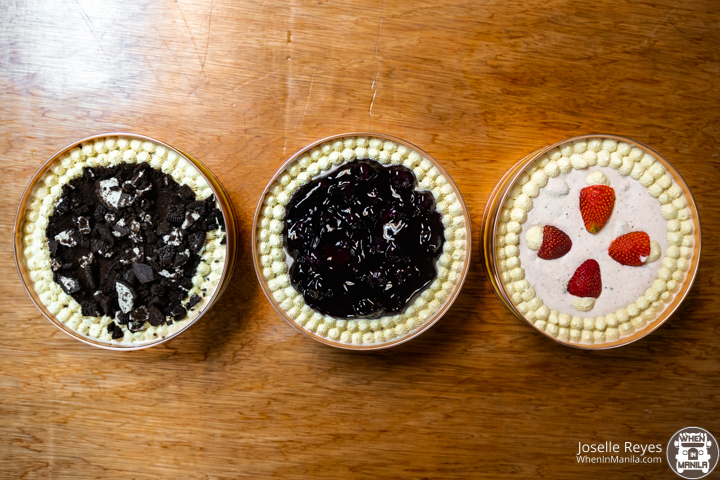 Top shot of Mr PTKim's cheesecakes: blueberry, oreo, and strawberry