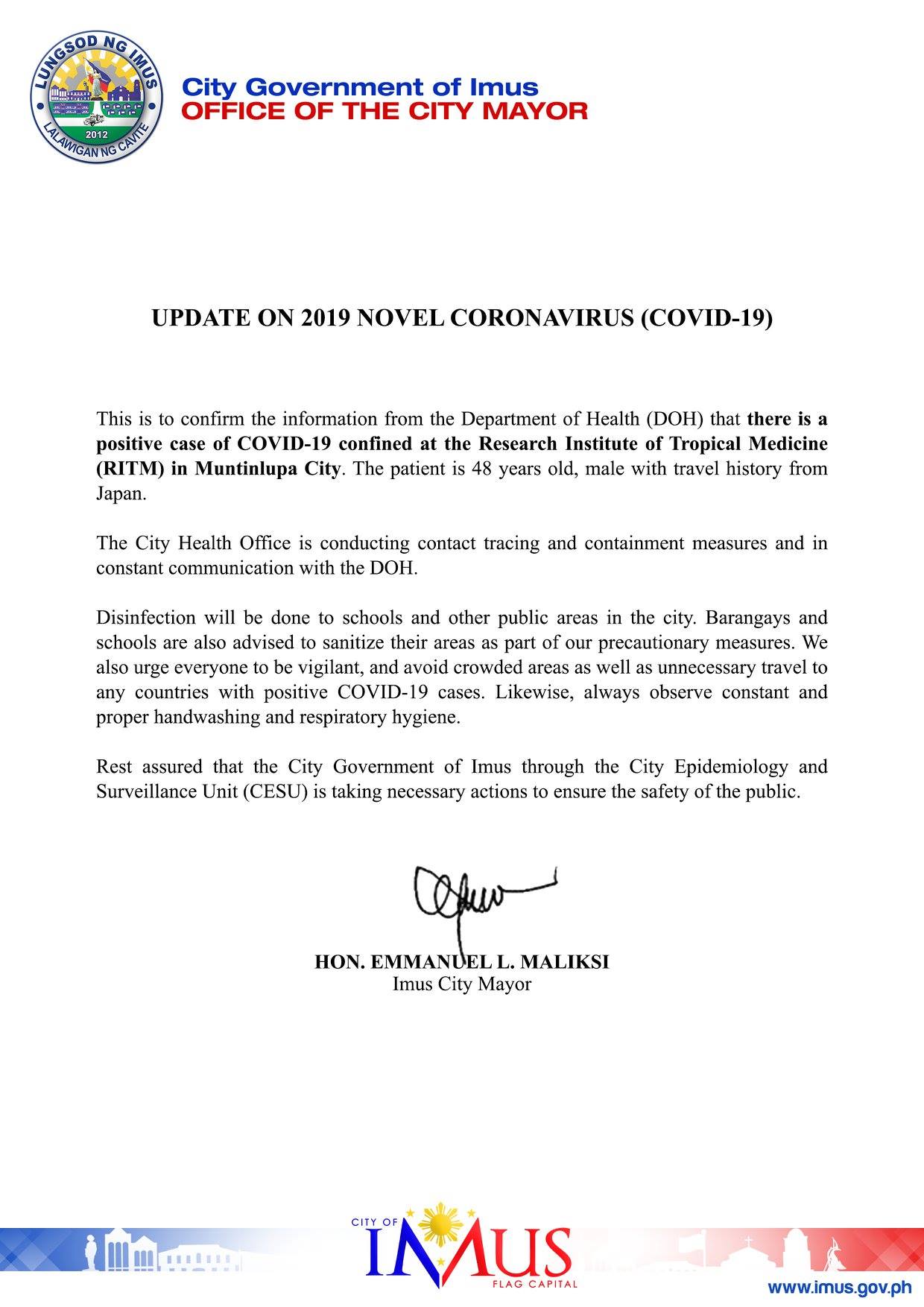 Imus City 1st COVID 19 Case