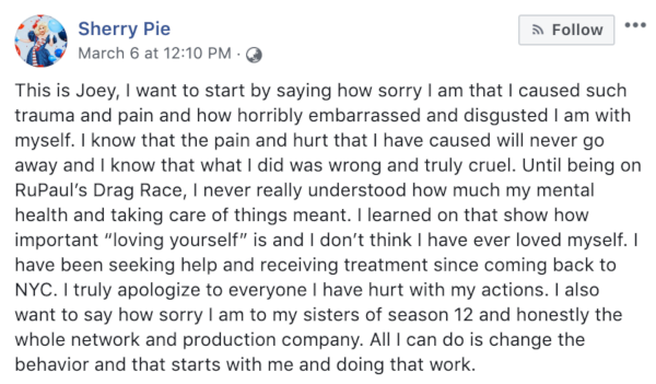 Sherry Pie apology